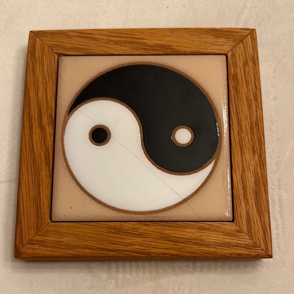 Vintage Arius Tile Co. 4in Yin Yang Ceramic Tile with Wooden Frame